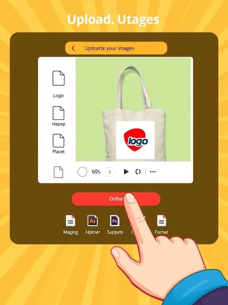 An image showcasing the byDORO design tool's image upload feature, with various file formats supported. A user is uploading a logo to be placed on a custom tote bag design.