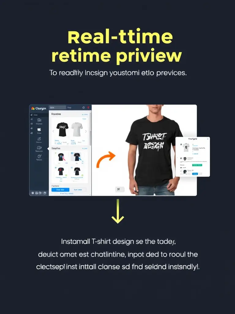 A visual representation of the byDORO design tool's real-time preview feature, showing a customized T-shirt design on a model. The design updates instantly as changes are made in the tool.