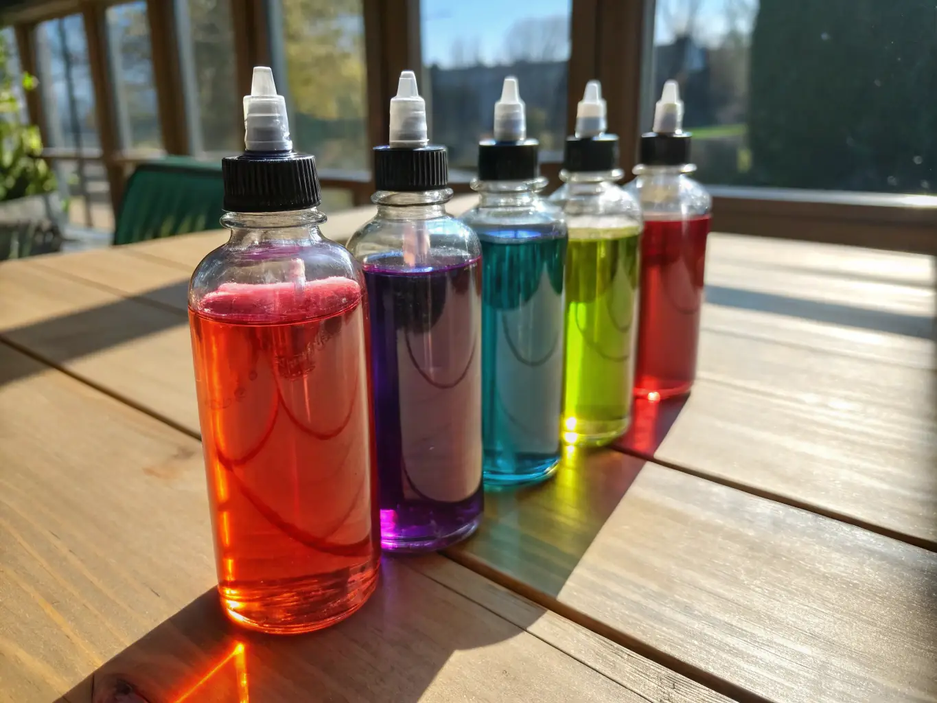 A set of DTF inks in various colors, highlighting their vibrant pigments and smooth consistency, emphasizing their role in creating high-quality prints on clothing.